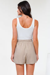 Stratton Shorts - Elasticated Tie Waist Shorts with Pockets in Beige