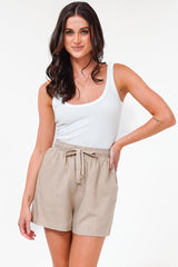 Stratton Shorts - Elasticated Tie Waist Shorts with Pockets in Beige