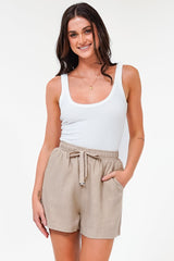 Stratton Shorts - Elasticated Tie Waist Shorts with Pockets in Beige
