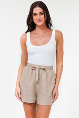 Stratton Shorts - Elasticated Tie Waist Shorts with Pockets in Beige