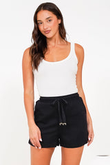 Stratton Shorts - Elasticated Tie Waist Shorts with Pockets in Black