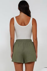 Stratton Shorts - Elasticated Tie Waist Shorts with Pockets in Khaki