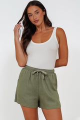 Stratton Shorts - Elasticated Tie Waist Shorts with Pockets in Khaki