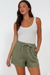 Stratton Shorts - Elasticated Tie Waist Shorts with Pockets in Khaki