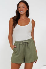 Stratton Shorts - Elasticated Tie Waist Shorts with Pockets in Khaki