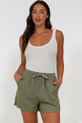 Stratton Shorts - Elasticated Tie Waist Shorts with Pockets in Khaki