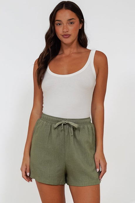 Stratton Shorts - Elasticated Tie Waist Shorts with Pockets in Khaki