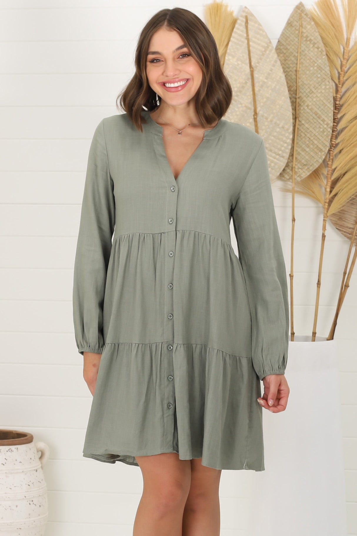 Sarah Mini Dress - Bermuda Collar Tiered Button Down Dress in Green