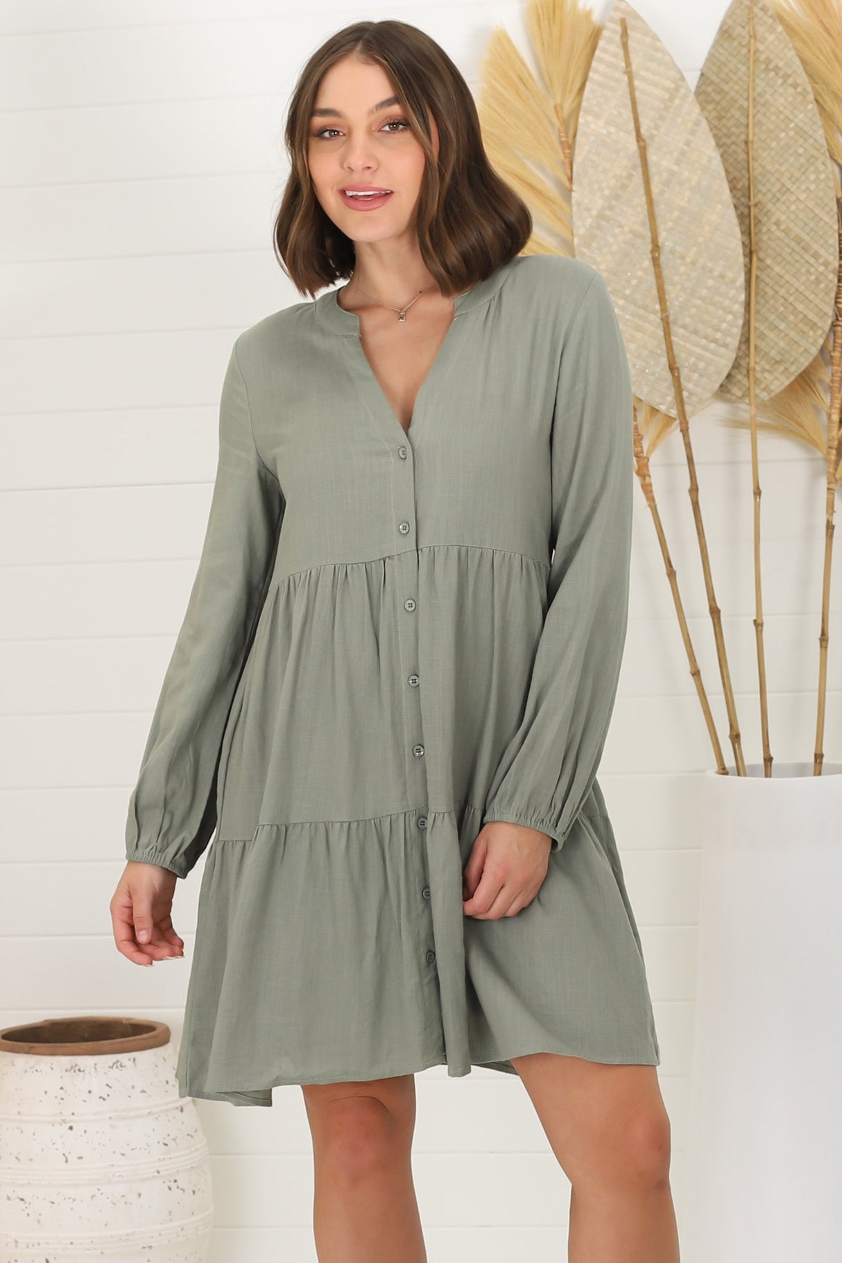 Sarah Mini Dress - Bermuda Collar Tiered Button Down Dress in Green