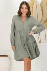 Sarah Mini Dress - Bermuda Collar Tiered Button Down Dress in Green