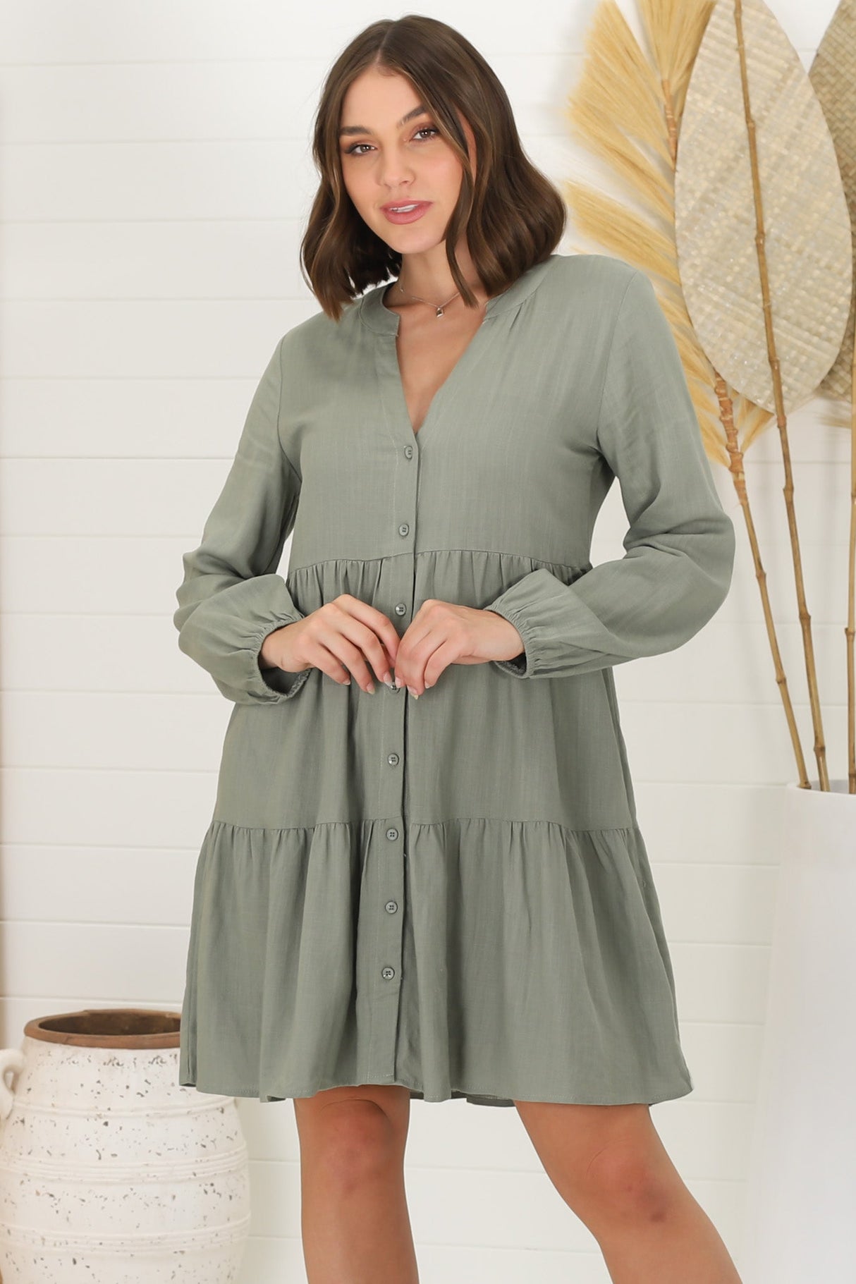 Sarah Mini Dress - Bermuda Collar Tiered Button Down Dress in Green