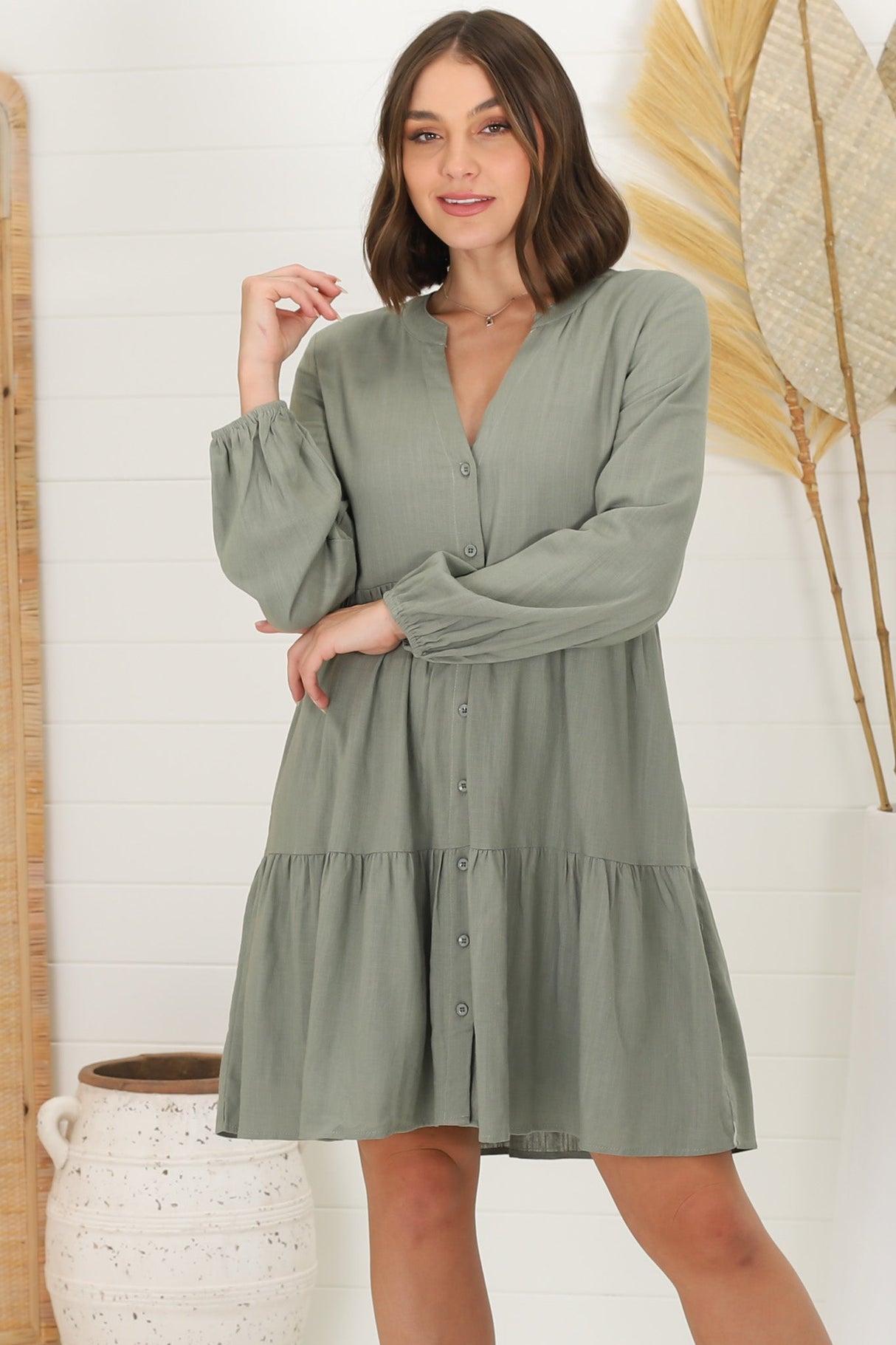 Sarah Mini Dress - Bermuda Collar Tiered Button Down Dress in Green