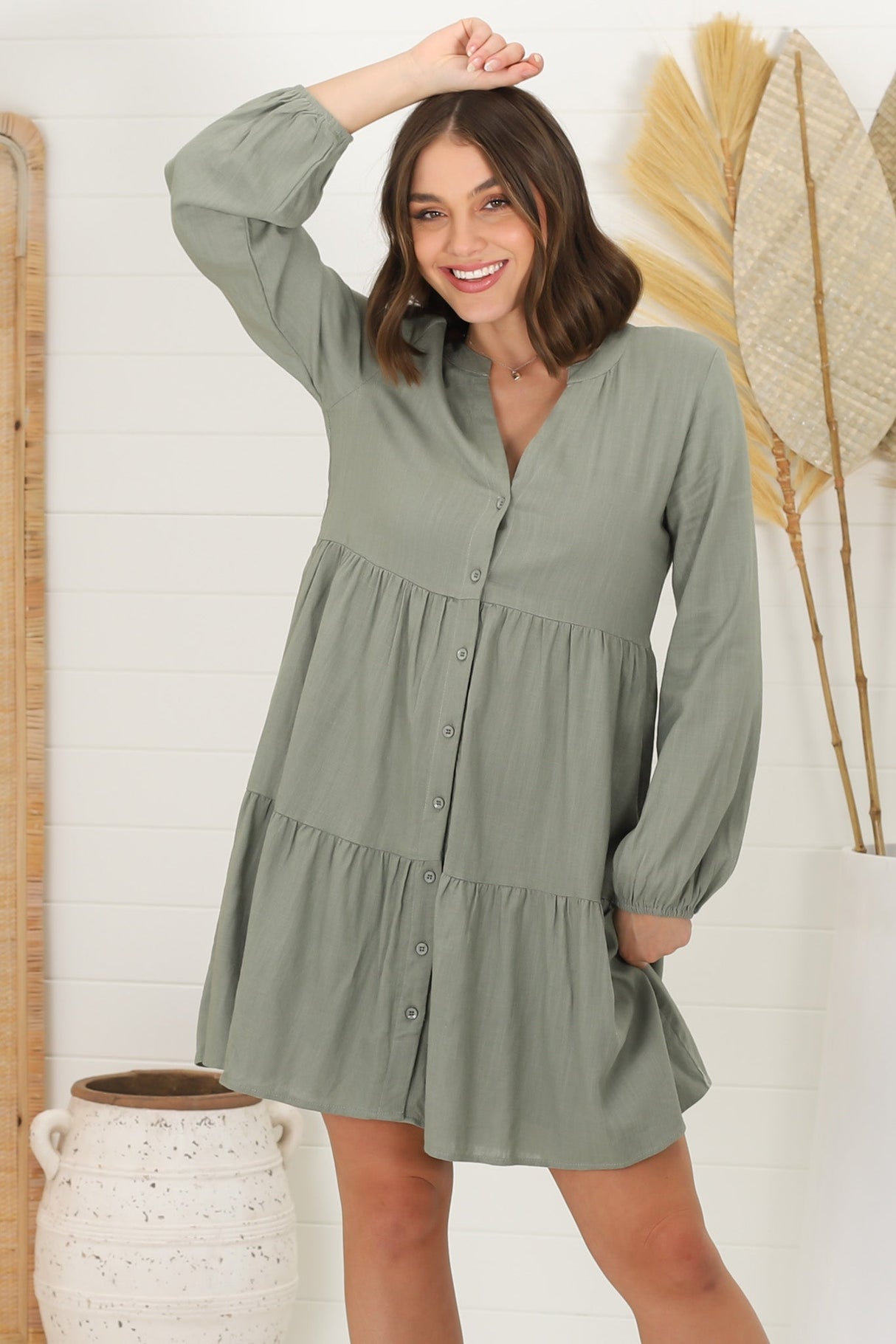 Sarah Mini Dress - Bermuda Collar Tiered Button Down Dress in Green