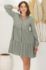 Sarah Mini Dress - Bermuda Collar Tiered Button Down Dress in Green