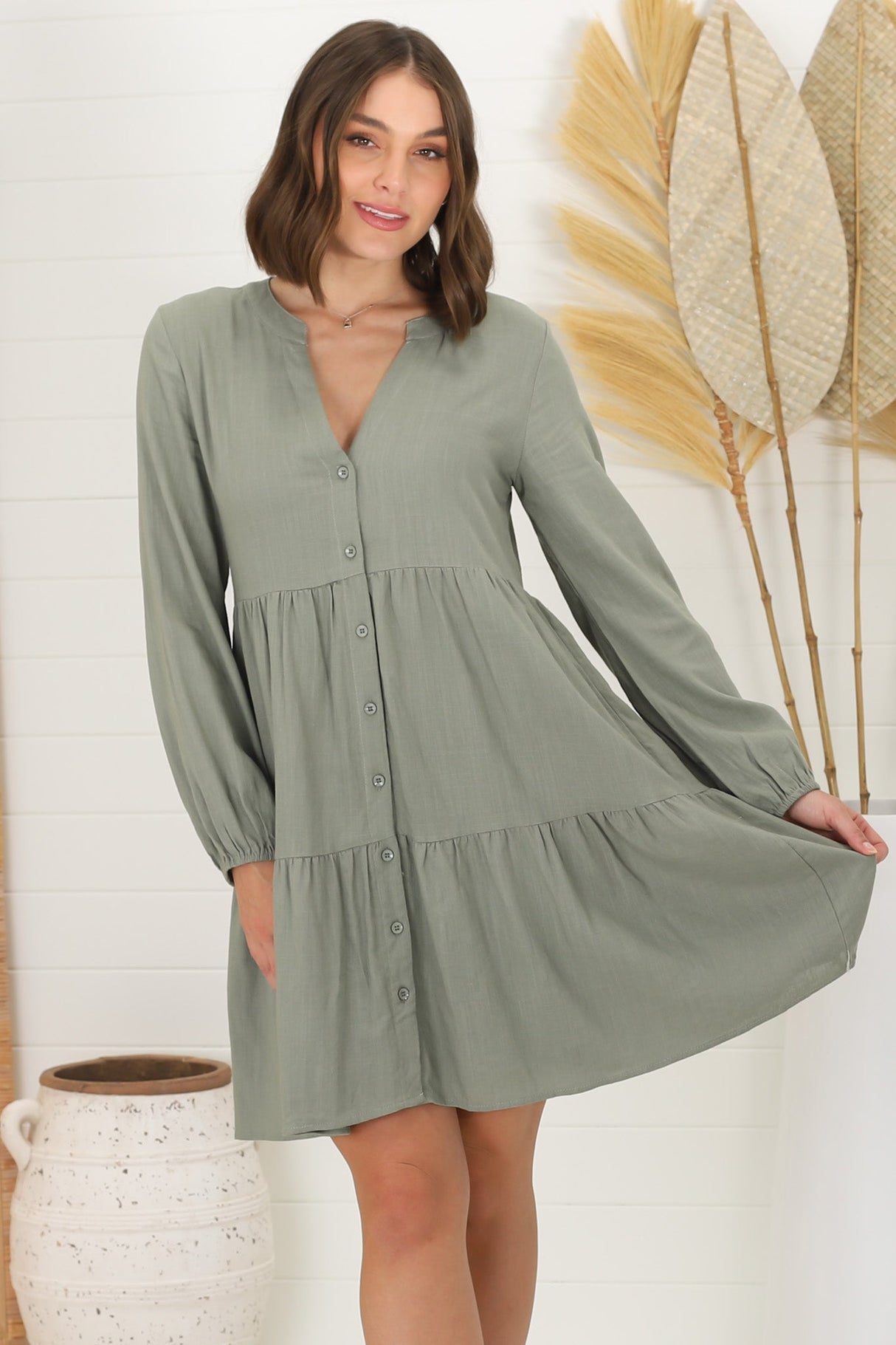 Sarah Mini Dress - Bermuda Collar Tiered Button Down Dress in Green