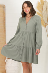 Sarah Mini Dress - Bermuda Collar Tiered Button Down Dress in Green