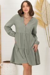 Sarah Mini Dress - Bermuda Collar Tiered Button Down Dress in Green