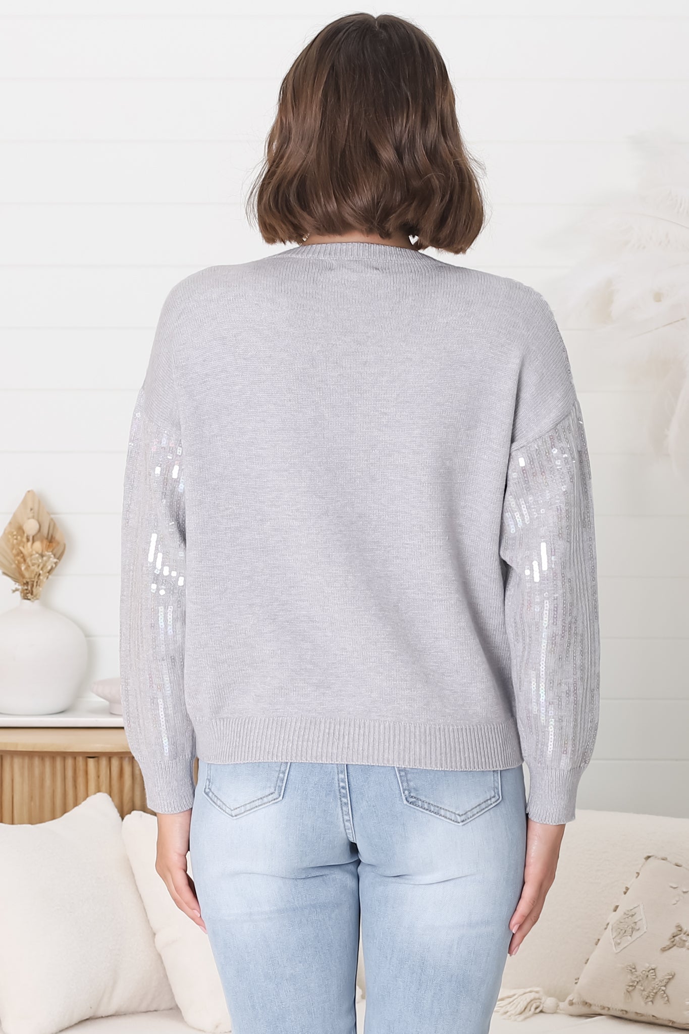 Sugar Jumper - Crew Neck Sequin Decal Jumper in Grey