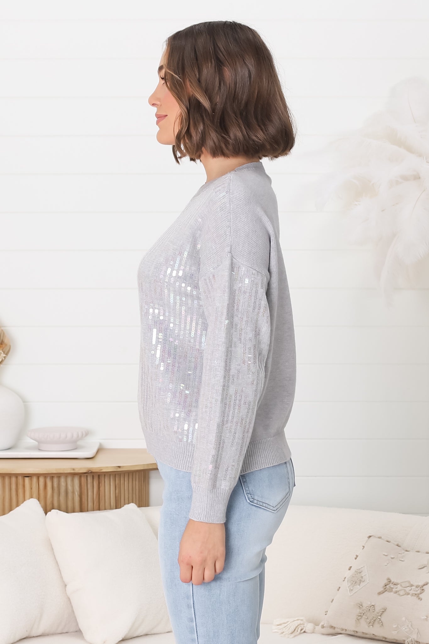 Sugar Jumper - Crew Neck Sequin Decal Jumper in Grey