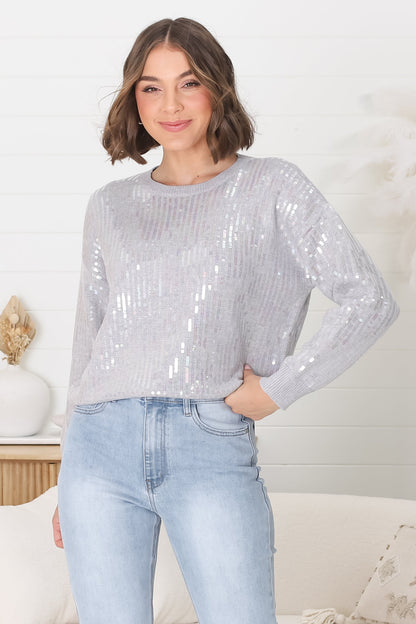 Sugar Jumper - Crew Neck Sequin Decal Jumper in Grey