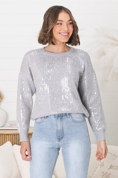 Sugar Jumper - Crew Neck Sequin Decal Jumper in Grey