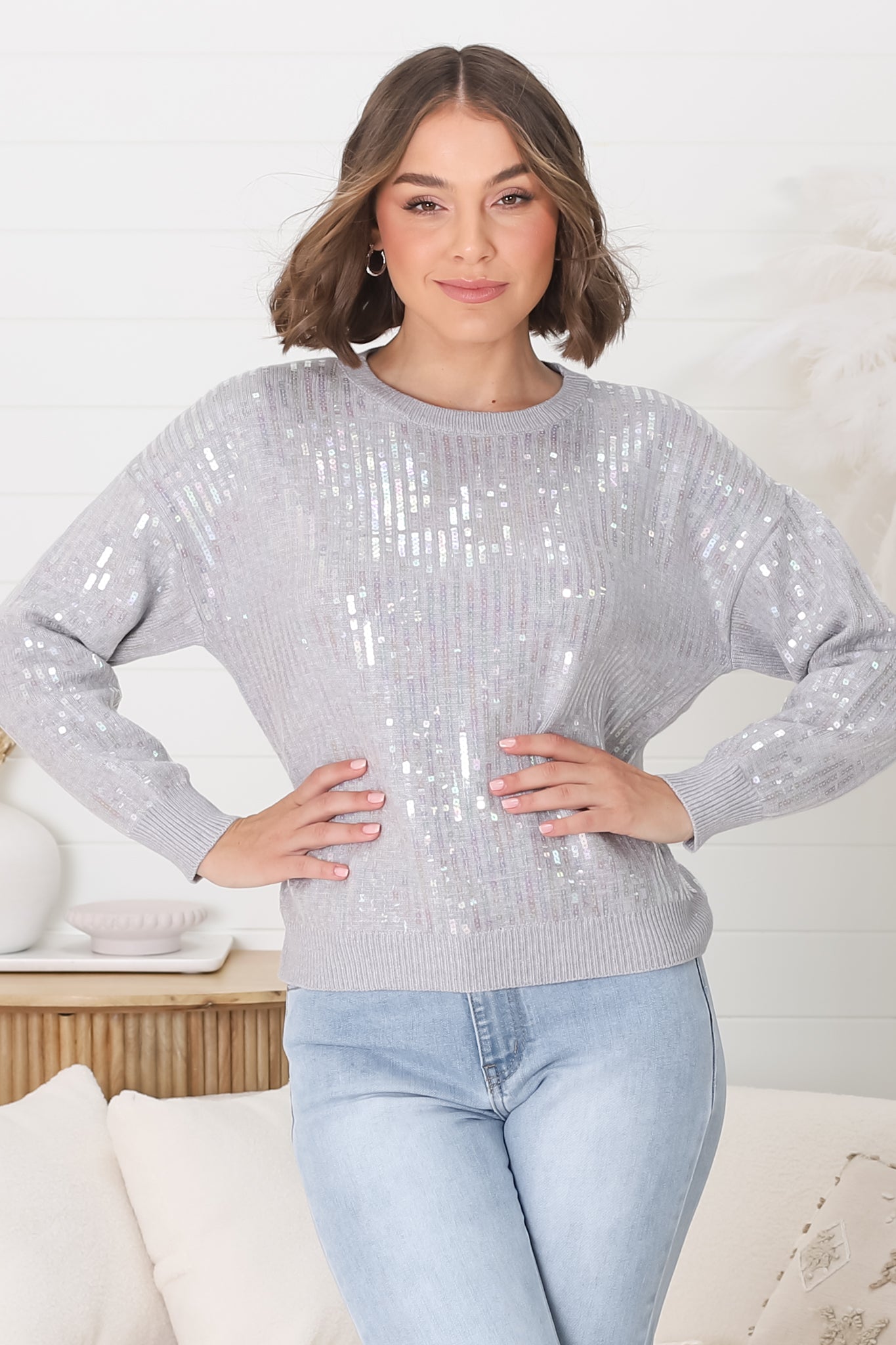 Sugar Jumper - Crew Neck Sequin Decal Jumper in Grey