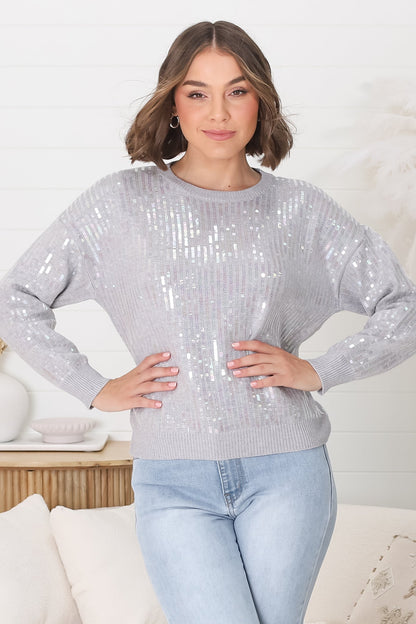 Sugar Jumper - Crew Neck Sequin Decal Jumper in Grey