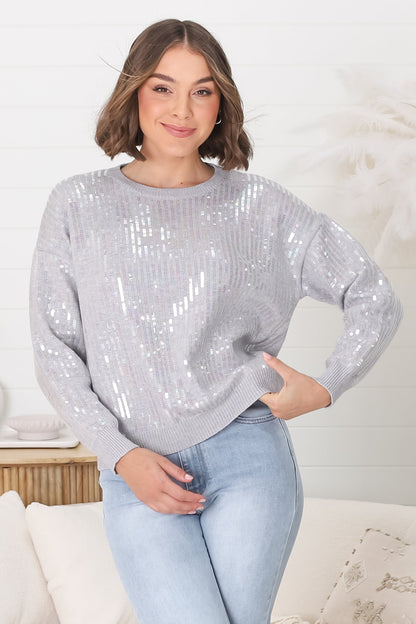 Sugar Jumper - Crew Neck Sequin Decal Jumper in Grey