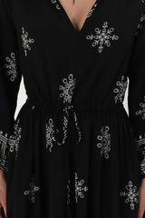 Sullivan Midi Dress - Mandarin Collar 3/4 Sleeve Dress with Pull Tie Waist in Lula Print Black