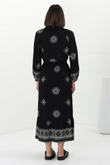 Sullivan Midi Dress - Mandarin Collar 3/4 Sleeve Dress with Pull Tie Waist in Lula Print Black