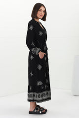 Sullivan Midi Dress - Mandarin Collar 3/4 Sleeve Dress with Pull Tie Waist in Lula Print Black