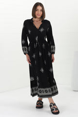 Sullivan Midi Dress - Mandarin Collar 3/4 Sleeve Dress with Pull Tie Waist in Lula Print Black