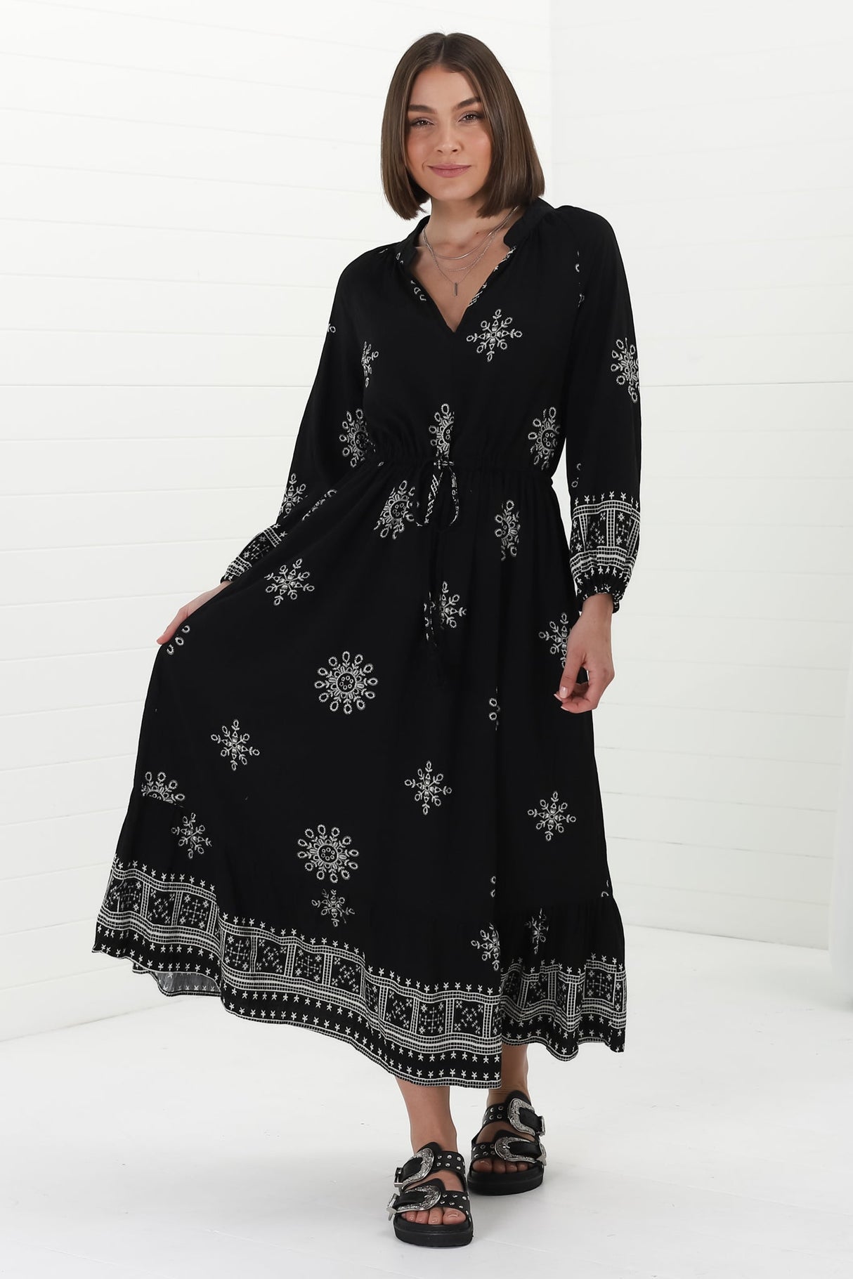 Sullivan Midi Dress - Mandarin Collar 3/4 Sleeve Dress with Pull Tie Waist in Lula Print Black