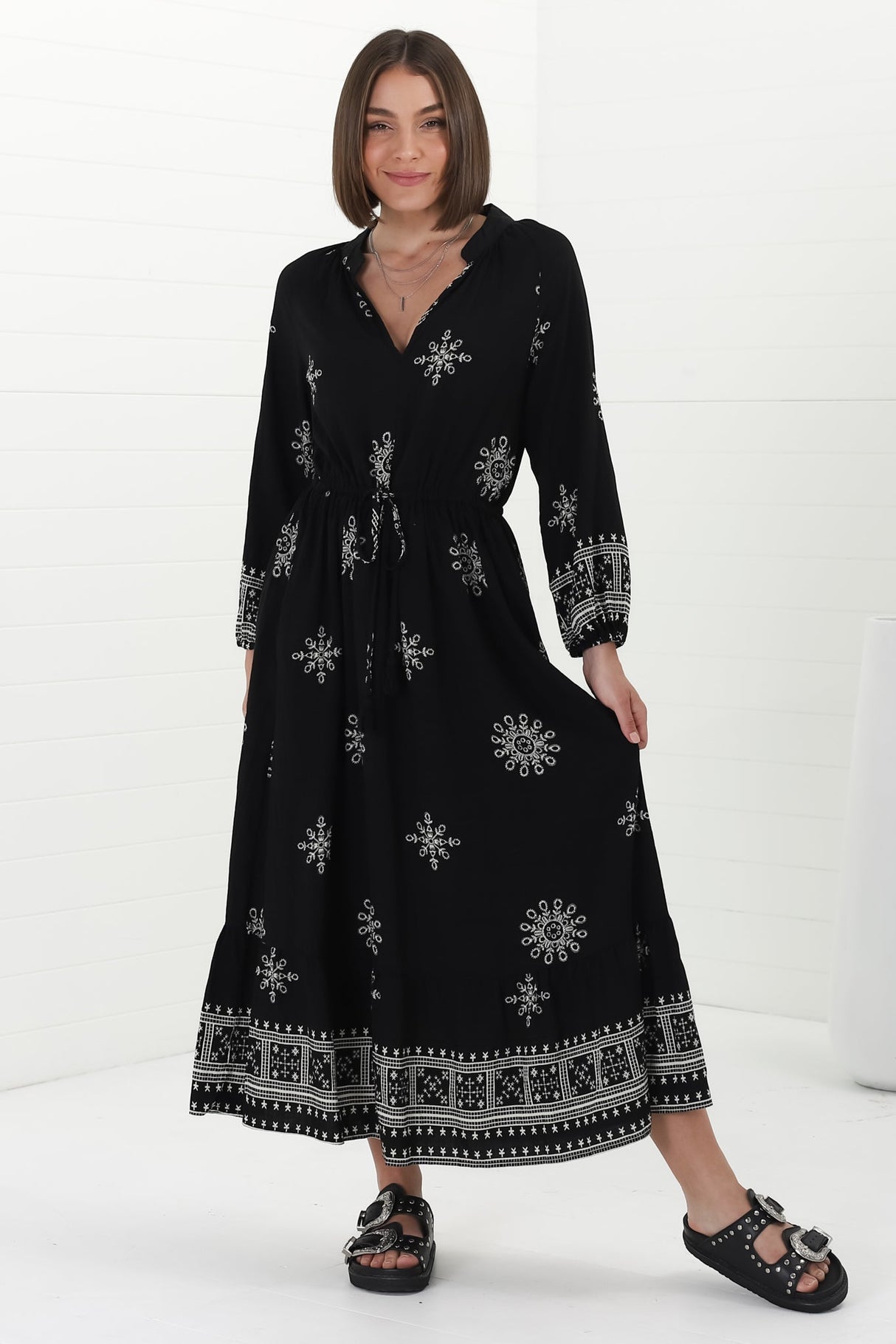 Sullivan Midi Dress - Mandarin Collar 3/4 Sleeve Dress with Pull Tie Waist in Lula Print Black