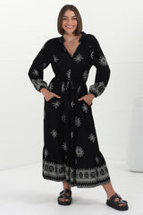 Sullivan Midi Dress - Mandarin Collar 3/4 Sleeve Dress with Pull Tie Waist in Lula Print Black