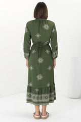 Sullivan Midi Dress - Mandarin Collar 3/4 Sleeve Dress with Pull Tie Waist in Lula Print Green