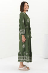 Sullivan Midi Dress - Mandarin Collar 3/4 Sleeve Dress with Pull Tie Waist in Lula Print Green