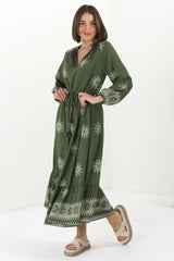 Sullivan Midi Dress - Mandarin Collar 3/4 Sleeve Dress with Pull Tie Waist in Lula Print Green