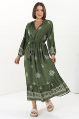 Sullivan Midi Dress - Mandarin Collar 3/4 Sleeve Dress with Pull Tie Waist in Lula Print Green