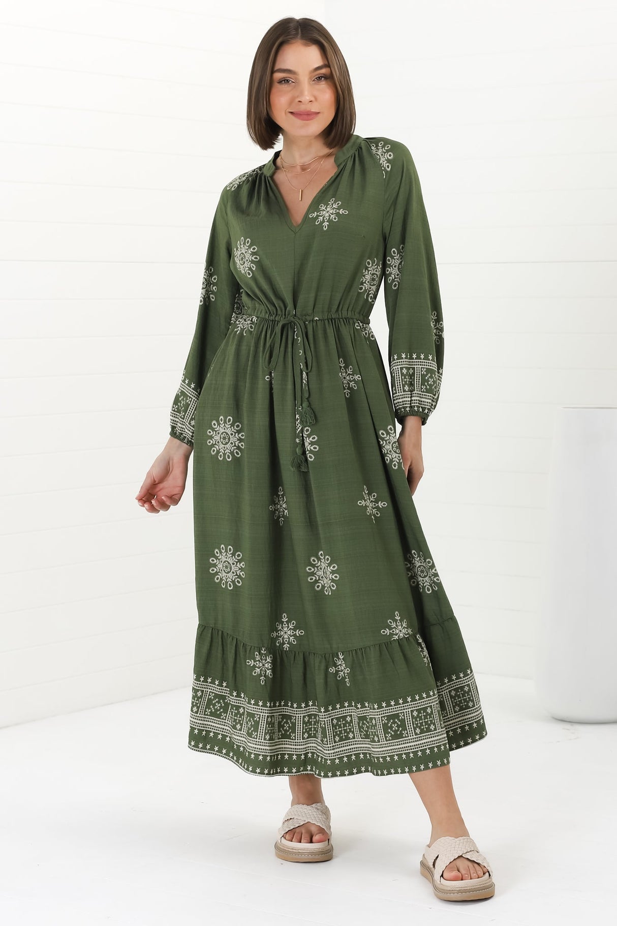 Sullivan Midi Dress - Mandarin Collar 3/4 Sleeve Dress with Pull Tie Waist in Lula Print Green