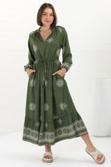 Sullivan Midi Dress - Mandarin Collar 3/4 Sleeve Dress with Pull Tie Waist in Lula Print Green