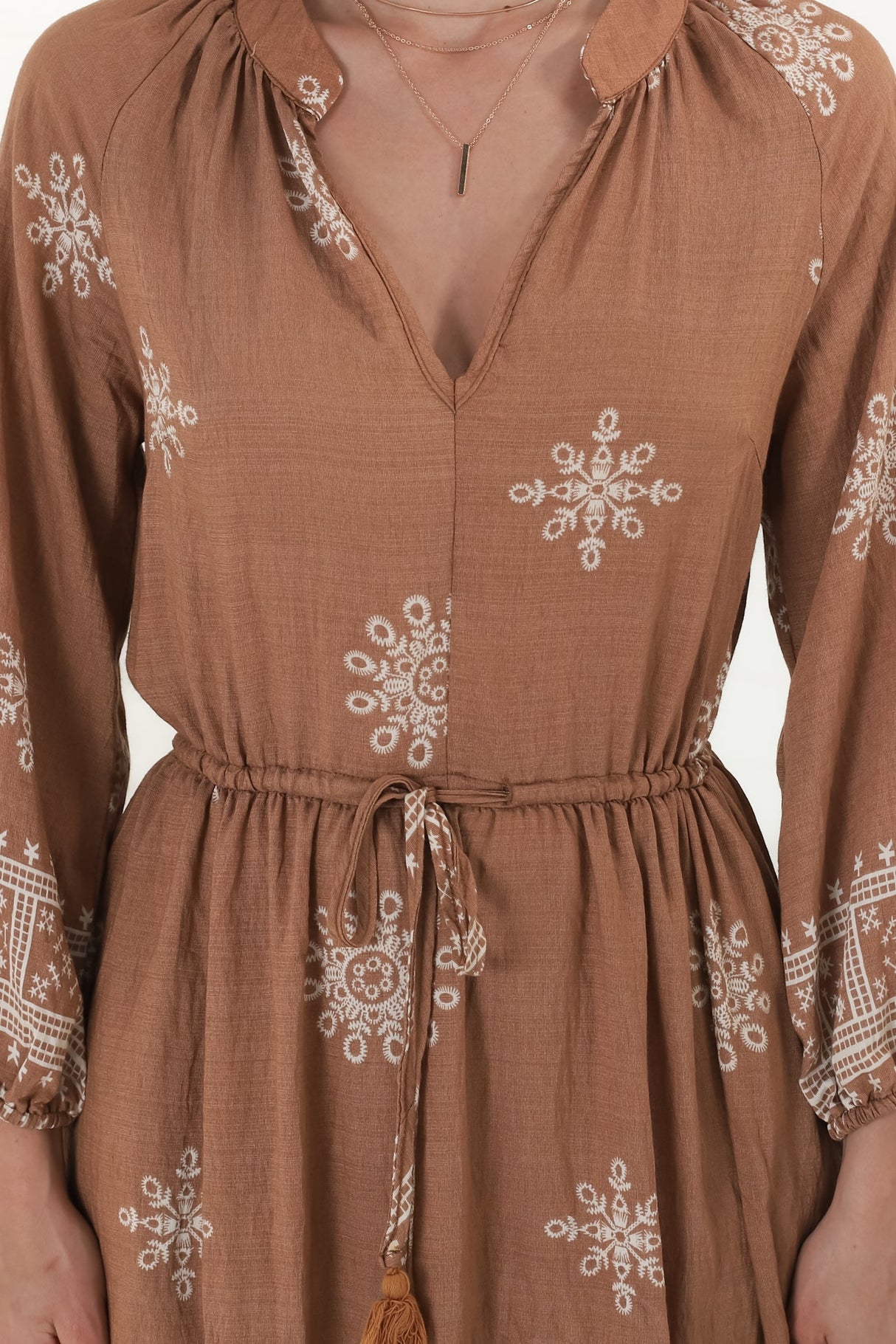 Sullivan Midi Dress - Mandarin Collar 3/4 Sleeve Dress with Pull Tie Waist in Lula Print Rust