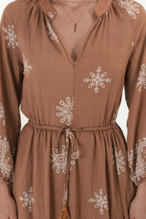 Sullivan Midi Dress - Mandarin Collar 3/4 Sleeve Dress with Pull Tie Waist in Lula Print Rust