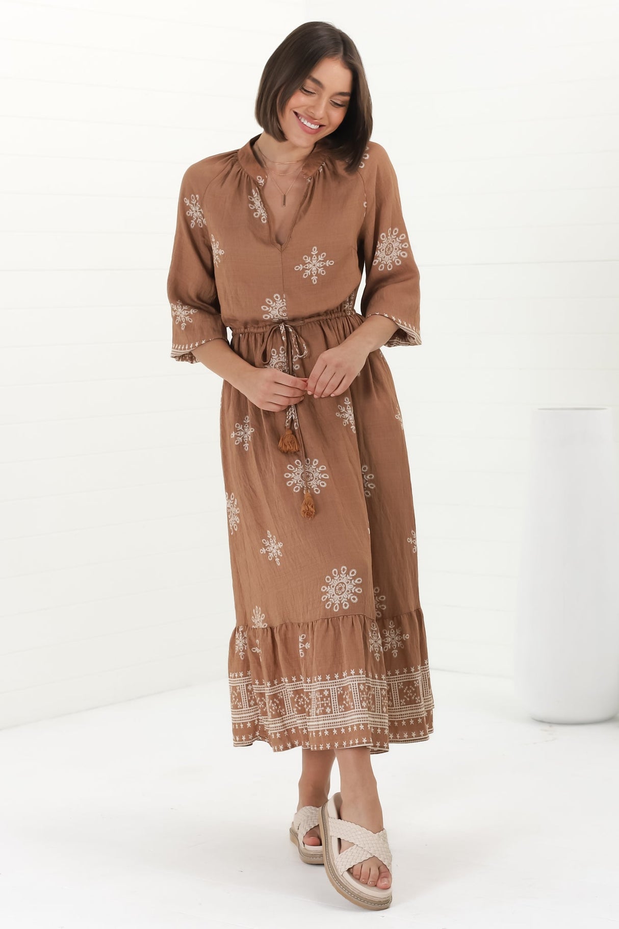 Sullivan Midi Dress - Mandarin Collar 3/4 Sleeve Dress with Pull Tie Waist in Lula Print Rust