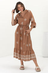 Sullivan Midi Dress - Mandarin Collar 3/4 Sleeve Dress with Pull Tie Waist in Lula Print Rust