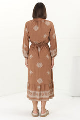 Sullivan Midi Dress - Mandarin Collar 3/4 Sleeve Dress with Pull Tie Waist in Lula Print Rust