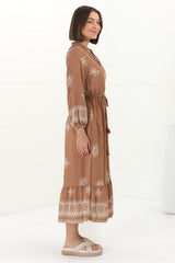 Sullivan Midi Dress - Mandarin Collar 3/4 Sleeve Dress with Pull Tie Waist in Lula Print Rust