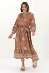 Sullivan Midi Dress - Mandarin Collar 3/4 Sleeve Dress with Pull Tie Waist in Lula Print Rust