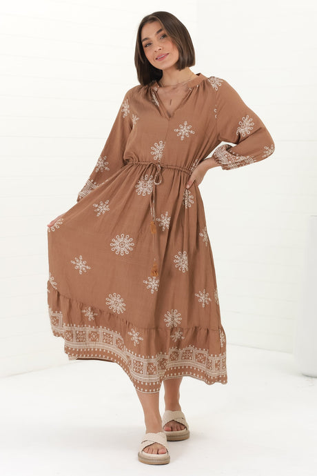 Sullivan Midi Dress - Mandarin Collar 3/4 Sleeve Dress with Pull Tie Waist in Lula Print Rust