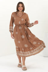 Sullivan Midi Dress - Mandarin Collar 3/4 Sleeve Dress with Pull Tie Waist in Lula Print Rust